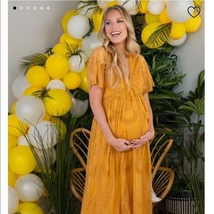 PinkBlush Mustard Lace Mesh Overlay Maternity Maxi Dress